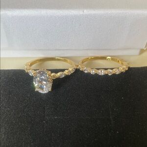 Gold Tone Oval CZ Engagement Ring Set - Gold